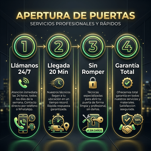 Infografía pasos de apertura de puertas: 1. Llamada, 2. Llegada, 3. Apertura, 4. Seguridad