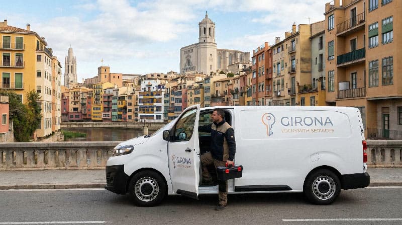 Furgoneta de Cerrajeros Girona junto al río Onyar con vistas a la Catedral
