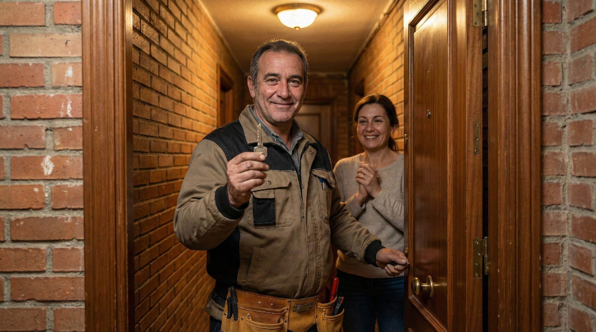 Cerrajero profesional entregando las llaves a una clienta satisfecha en Girona